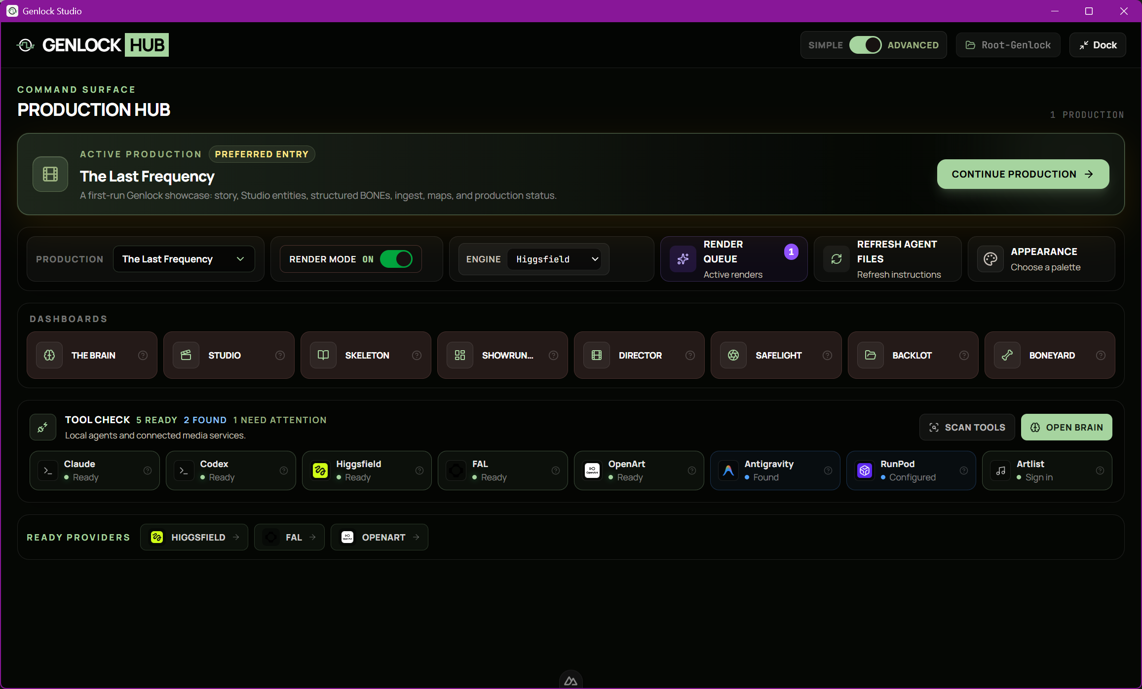 Genlock Studio Production Hub showing the active production, production controls, cockpit launchers, and connected provider interfaces